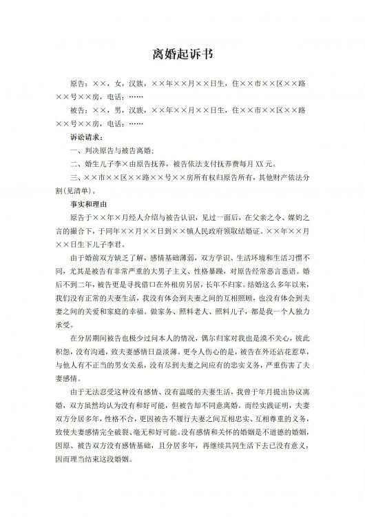 离婚起诉书